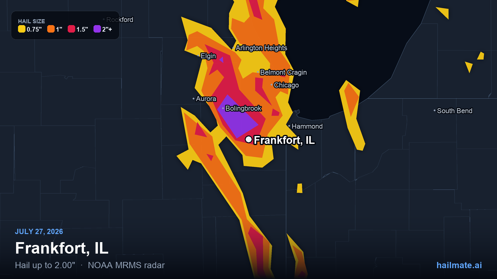 Hail swath map for Frankfort, IL on July 27, 2026 showing 2.00 inch hail.