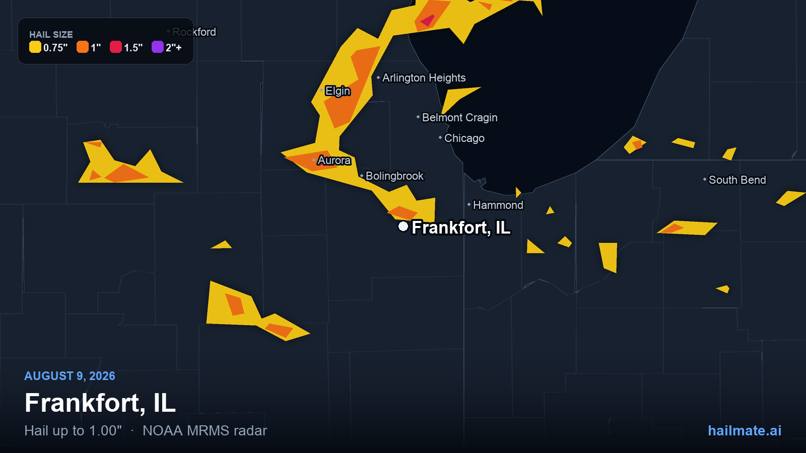 Hail swath map for Frankfort, IL on August 9, 2026 showing 1.00 inch hail.