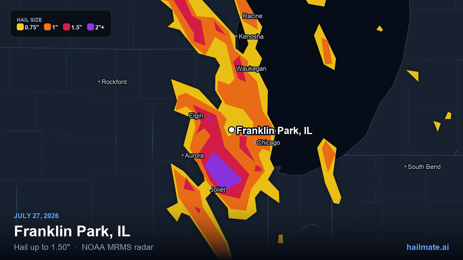 Hail swath map for Franklin Park, IL on July 27, 2026 showing 1.50 inch hail.