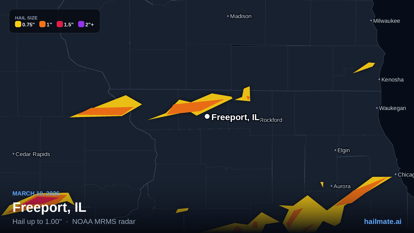 Hail swath map for Freeport, IL on March 10, 2026 showing 1.00 inch hail.