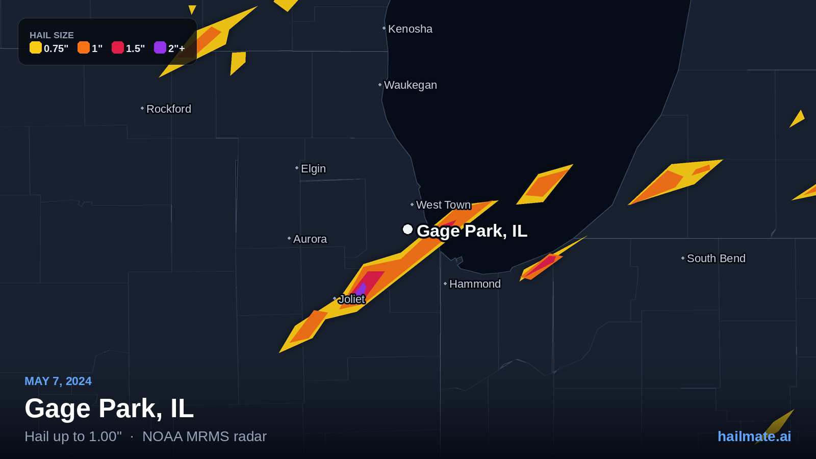 Hail swath map for Gage Park, IL on May 7, 2024 showing 1.00 inch hail.
