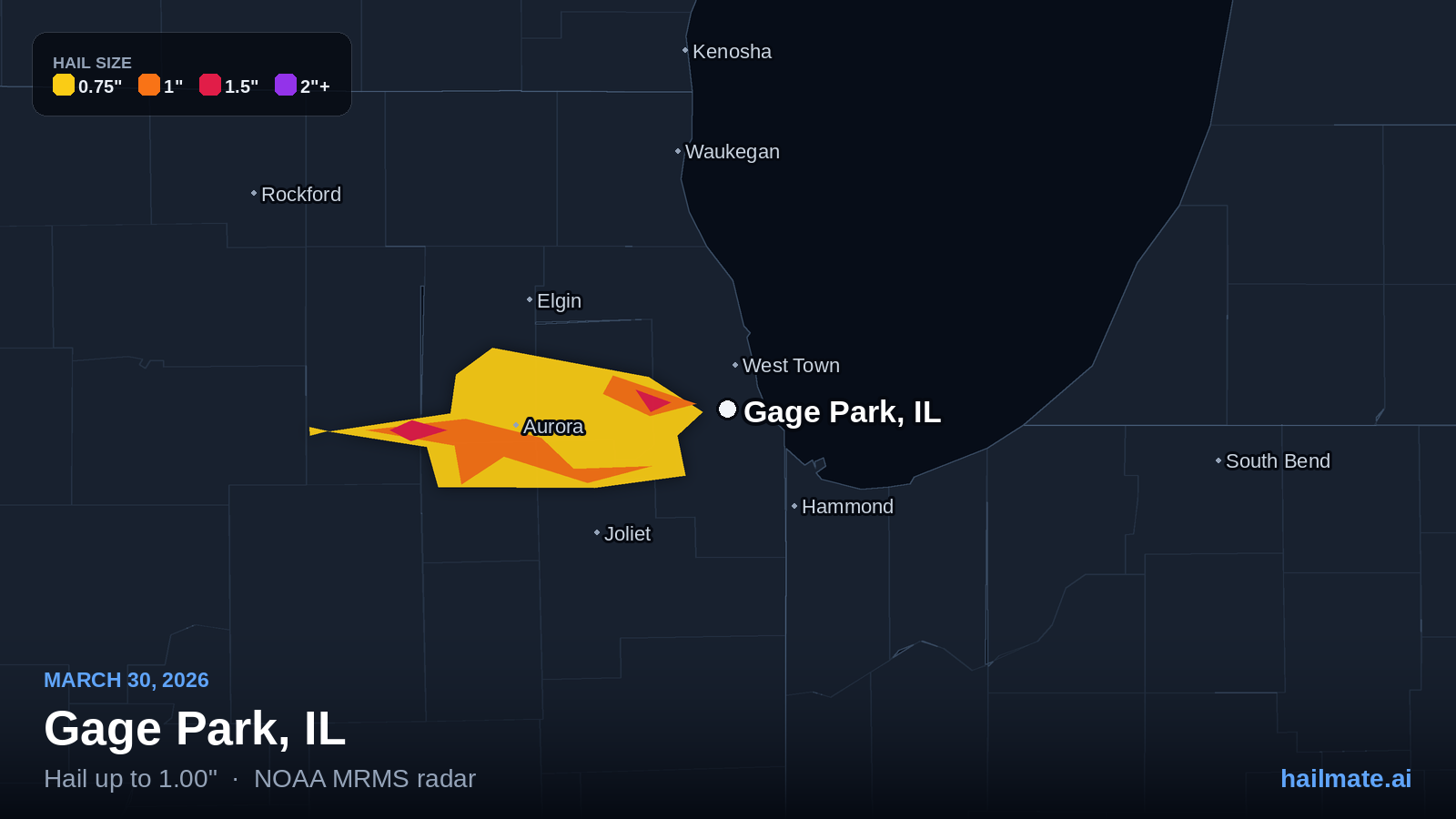 Hail swath map for Gage Park, IL on March 30, 2026 showing 1.00 inch hail.