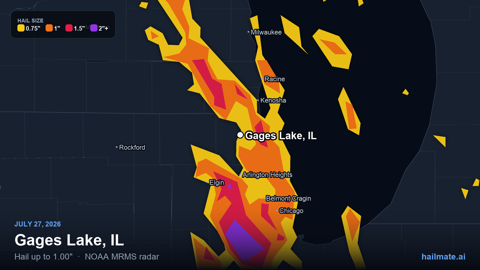 Hail swath map for Gages Lake, IL on July 27, 2026 showing 1.00 inch hail.