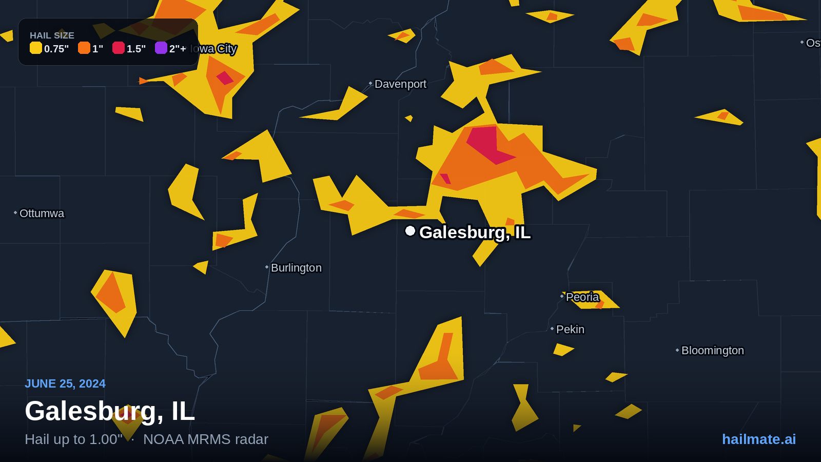 Hail swath map for Galesburg, IL on June 25, 2024 showing 1.00 inch hail.