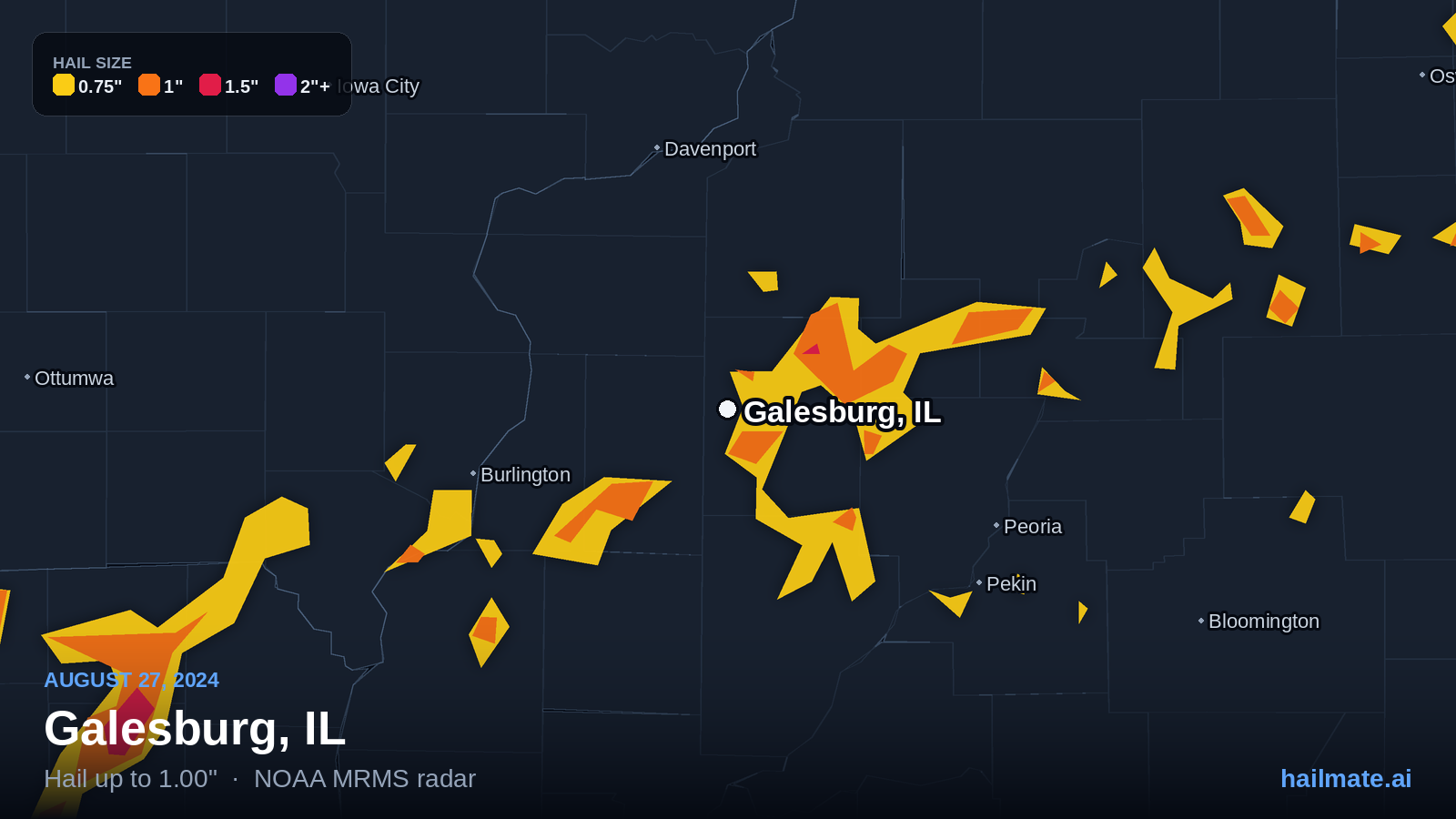 Hail swath map for Galesburg, IL on August 27, 2024 showing 1.00 inch hail.