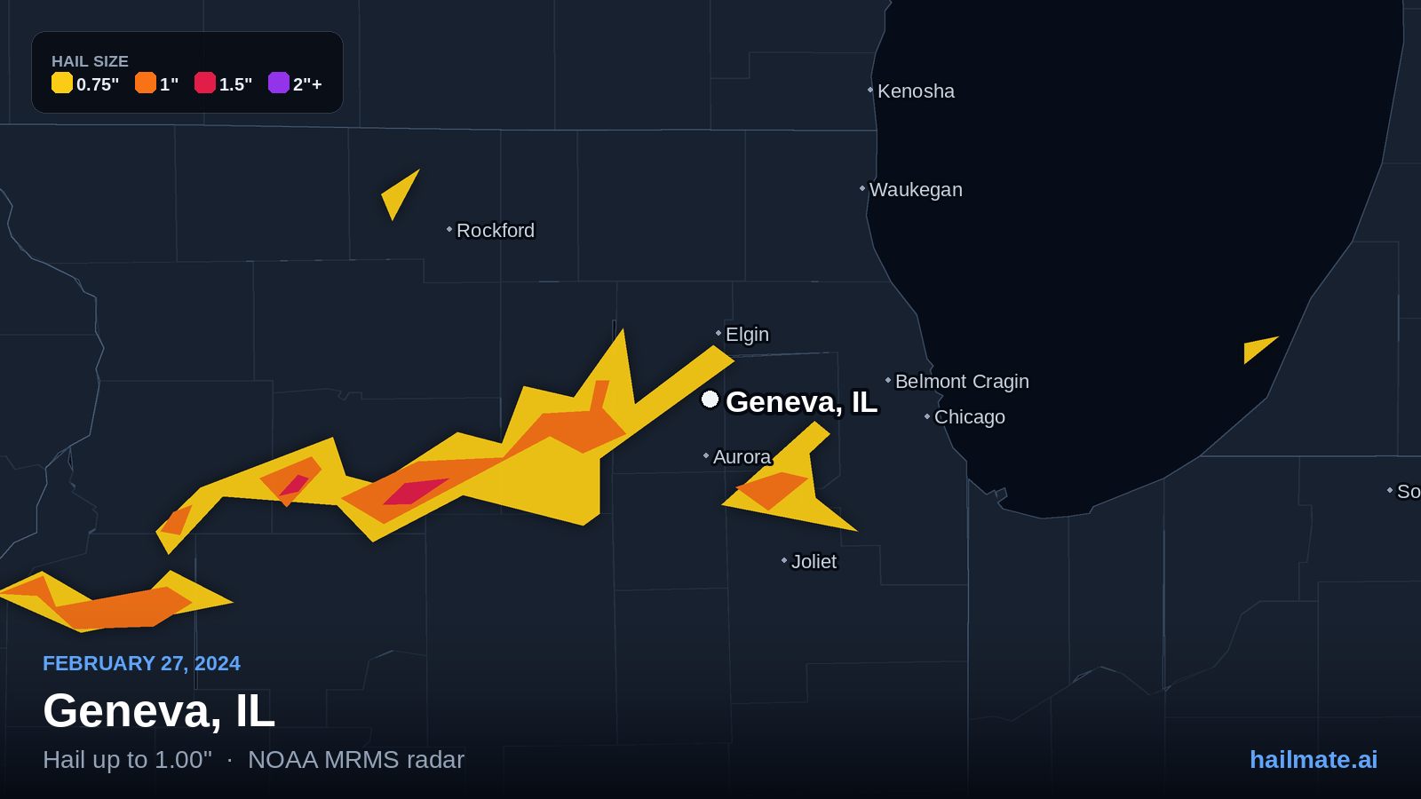 Hail swath map for Geneva, IL on February 27, 2024 showing 1.00 inch hail.