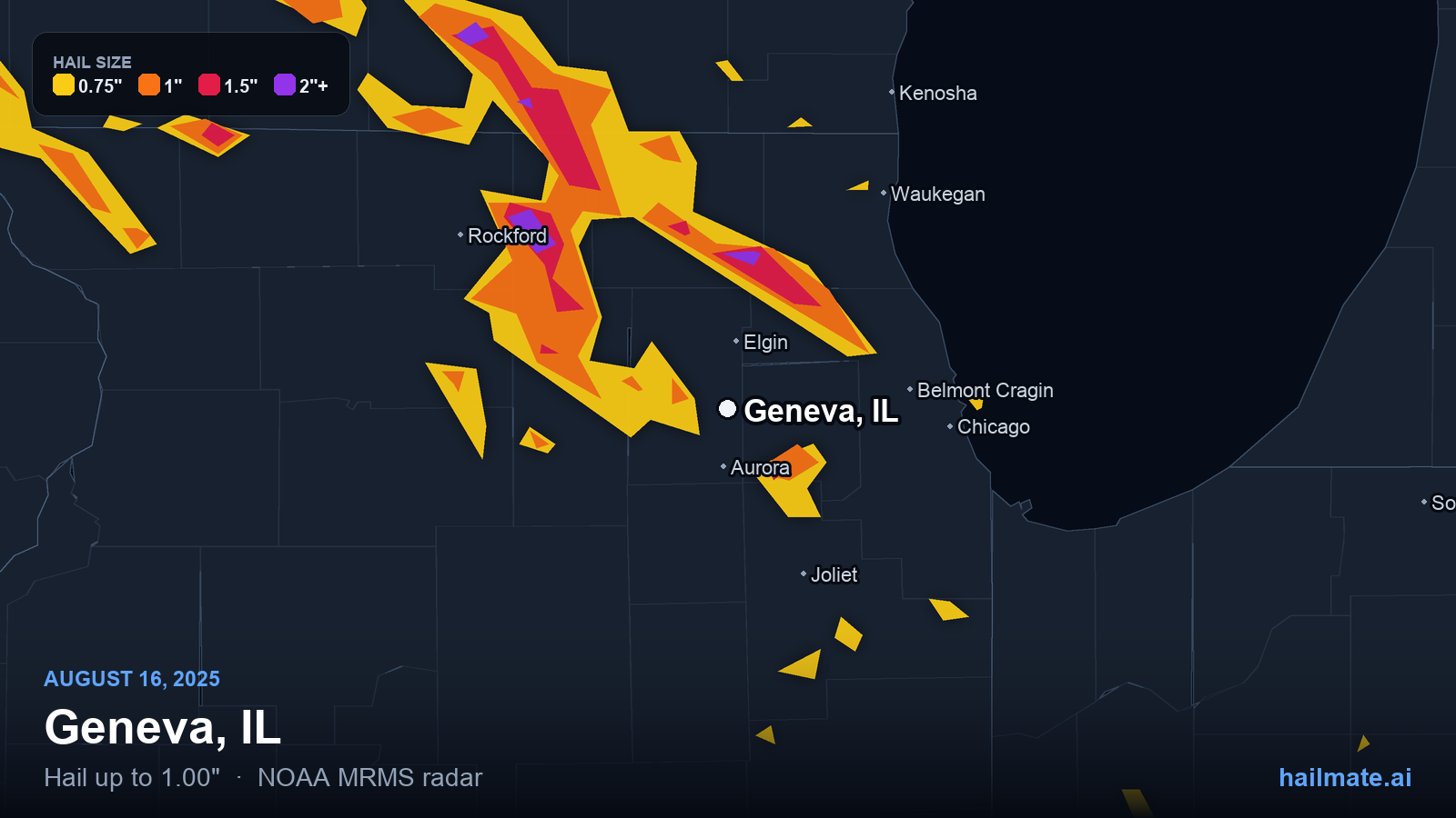 Hail swath map for Geneva, IL on August 16, 2025 showing 1.00 inch hail.