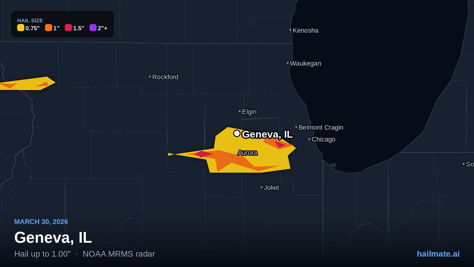 Hail swath map for Geneva, IL on March 30, 2026 showing 1.00 inch hail.