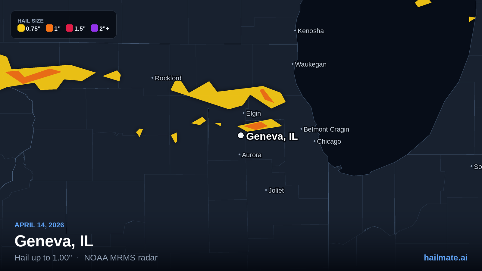 Hail swath map for Geneva, IL on April 14, 2026 showing 1.00 inch hail.