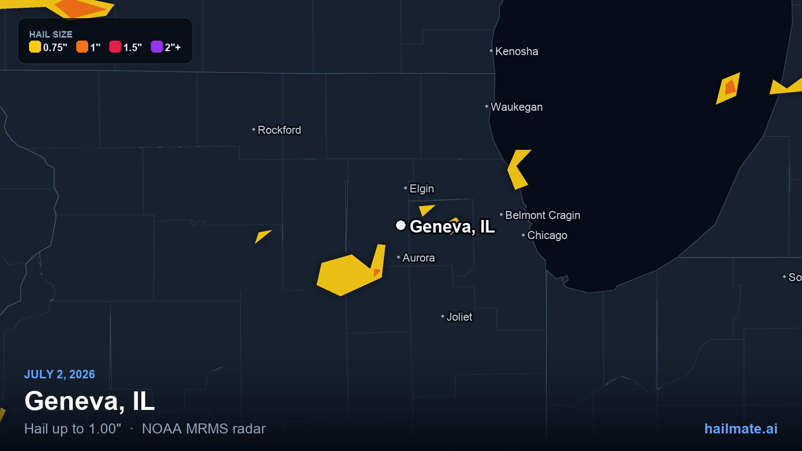 Hail swath map for Geneva, IL on July 2, 2026 showing 1.00 inch hail.