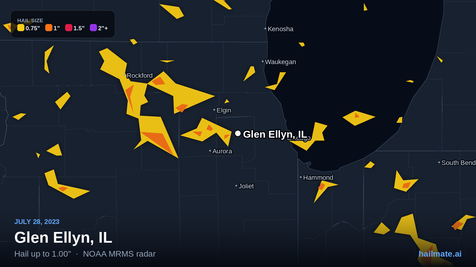 Hail swath map for Glen Ellyn, IL on July 28, 2023 showing 1.00 inch hail.