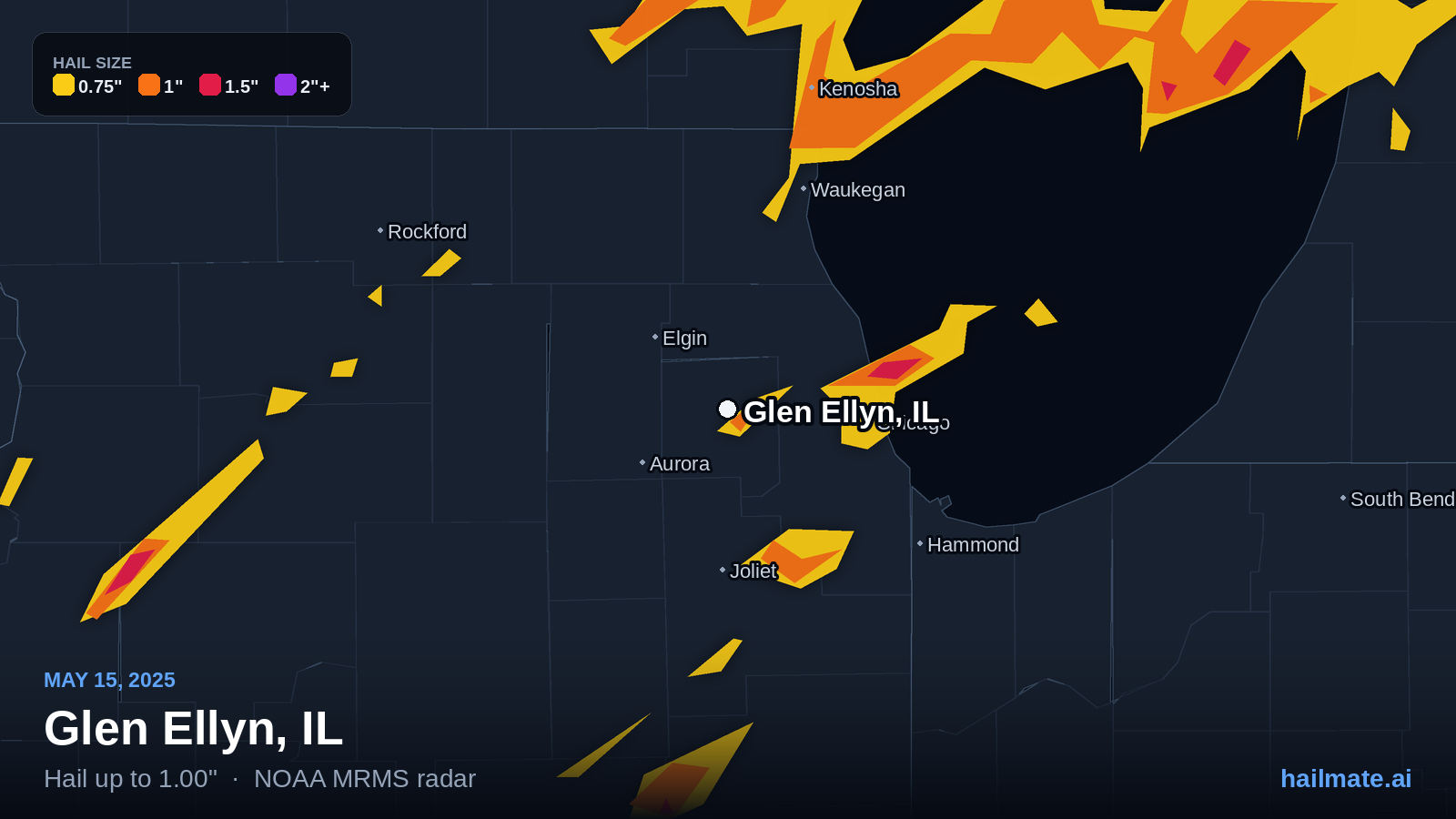 Hail swath map for Glen Ellyn, IL on May 15, 2025 showing 1.00 inch hail.