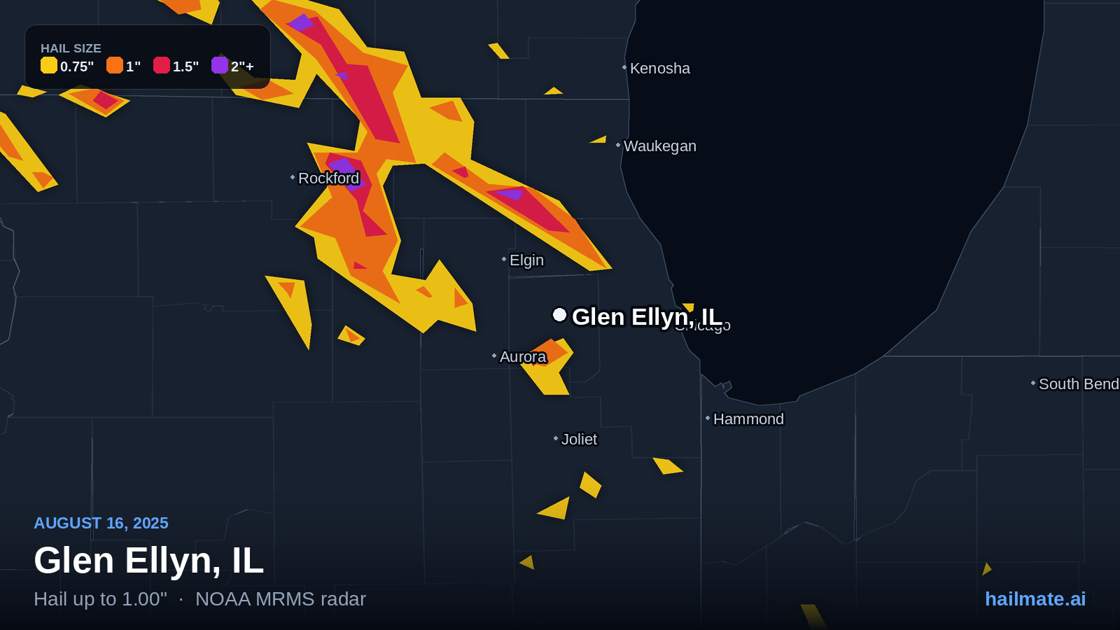 Hail swath map for Glen Ellyn, IL on August 16, 2025 showing 1.00 inch hail.