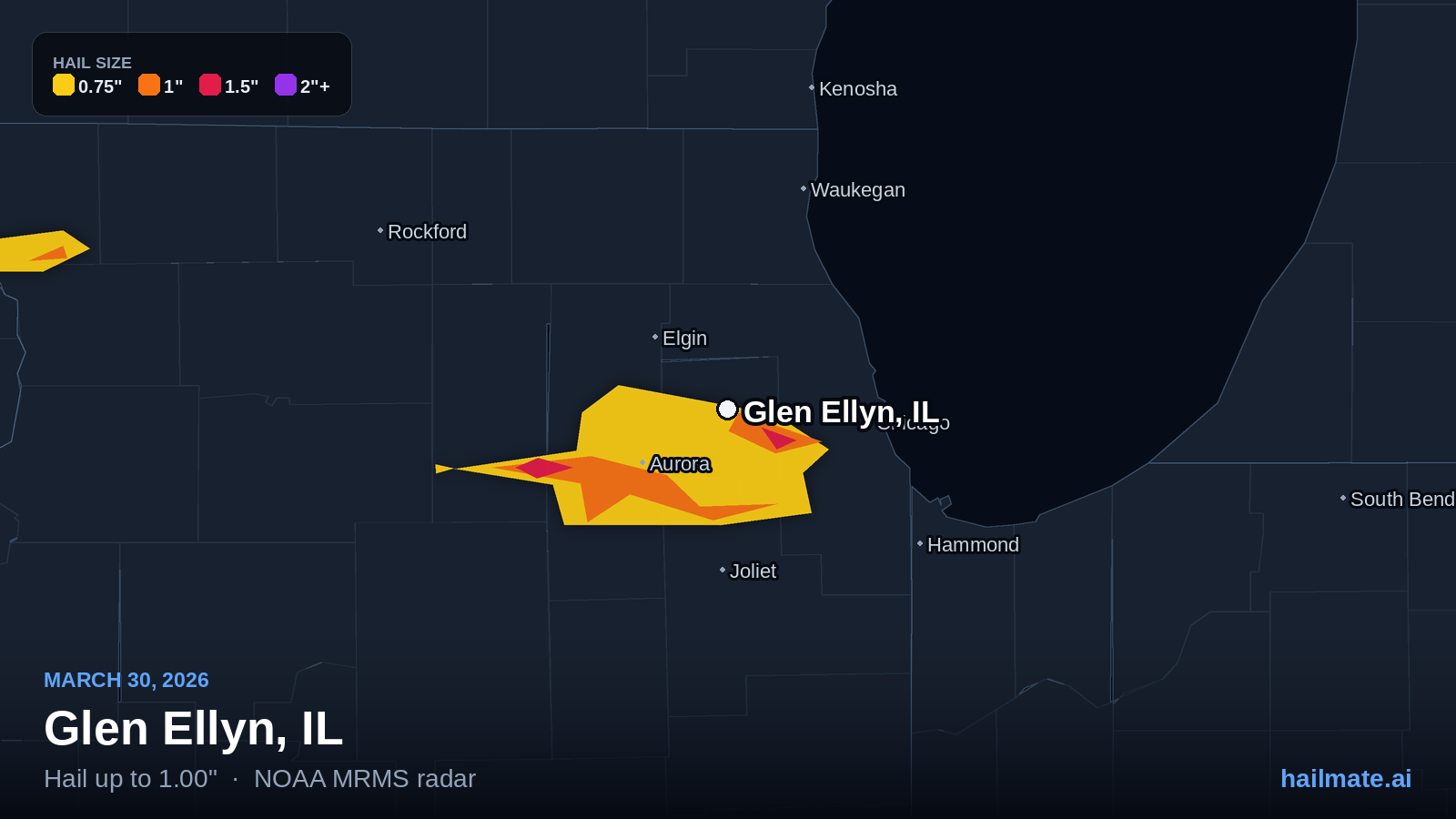 Hail swath map for Glen Ellyn, IL on March 30, 2026 showing 1.00 inch hail.