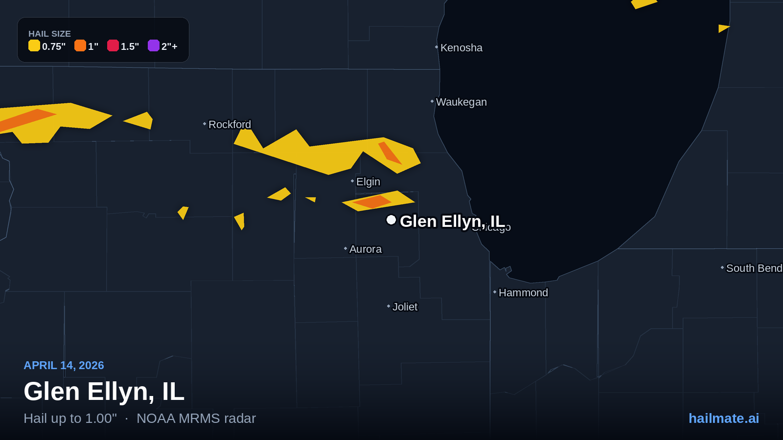 Hail swath map for Glen Ellyn, IL on April 14, 2026 showing 1.00 inch hail.