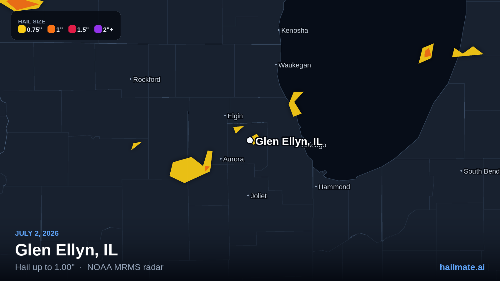 Hail swath map for Glen Ellyn, IL on July 2, 2026 showing 1.00 inch hail.