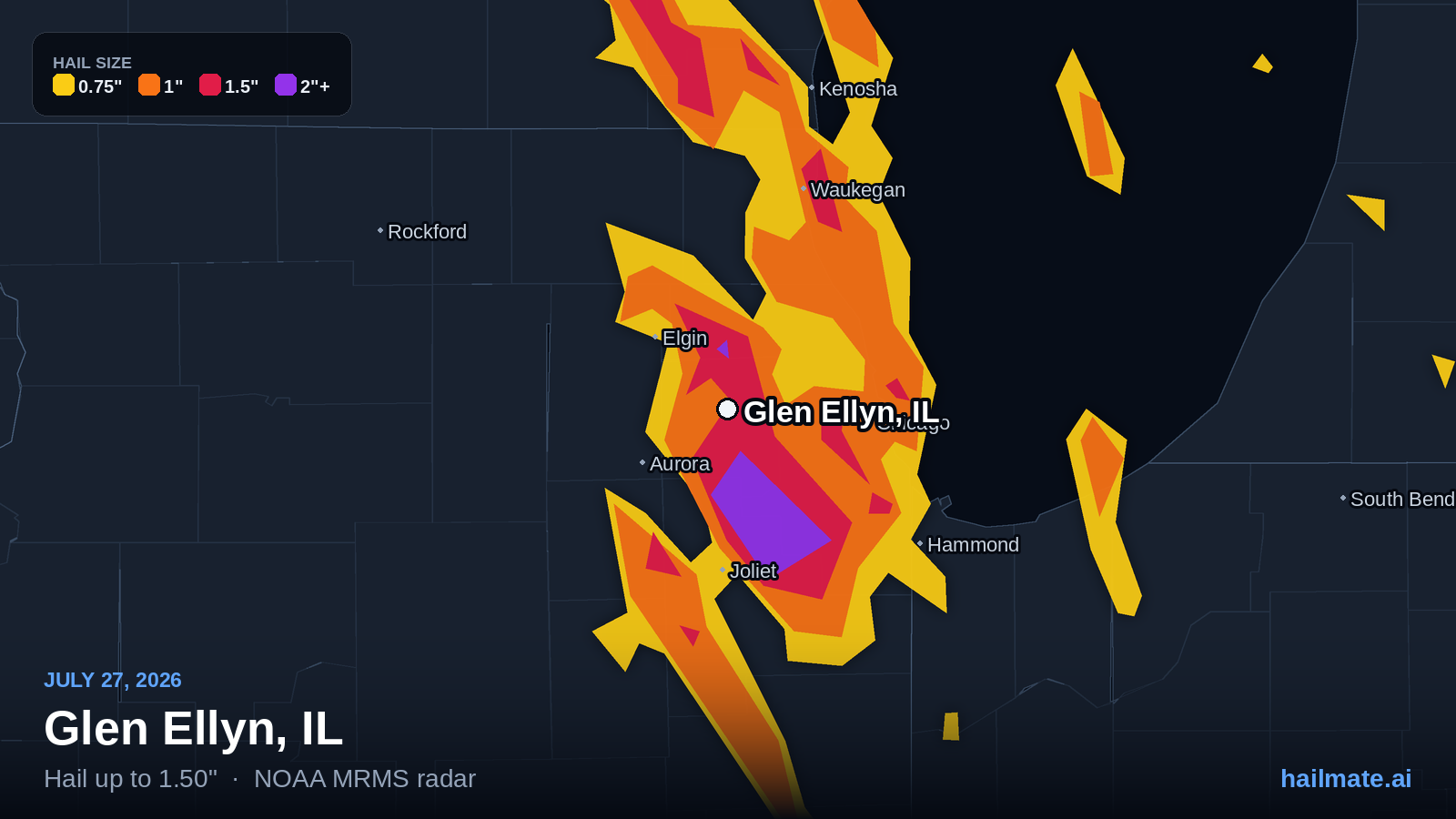 Hail swath map for Glen Ellyn, IL on July 27, 2026 showing 1.50 inch hail.