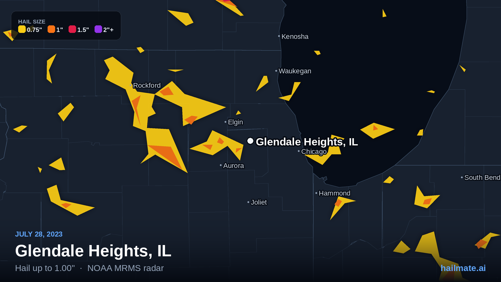 Hail swath map for Glendale Heights, IL on July 28, 2023 showing 1.00 inch hail.