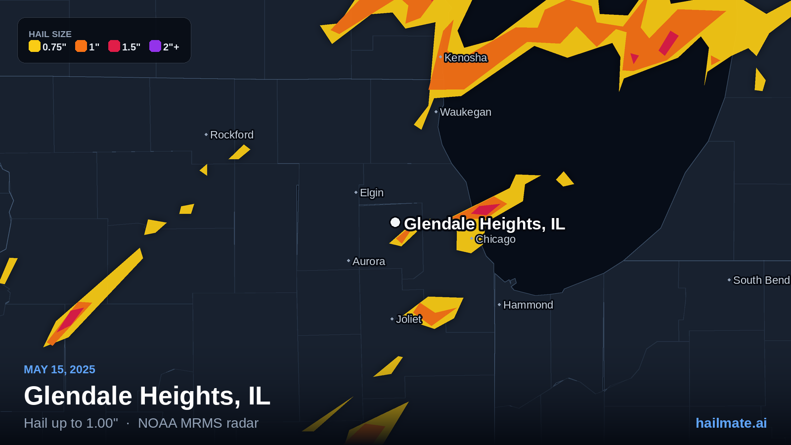 Hail swath map for Glendale Heights, IL on May 15, 2025 showing 1.00 inch hail.