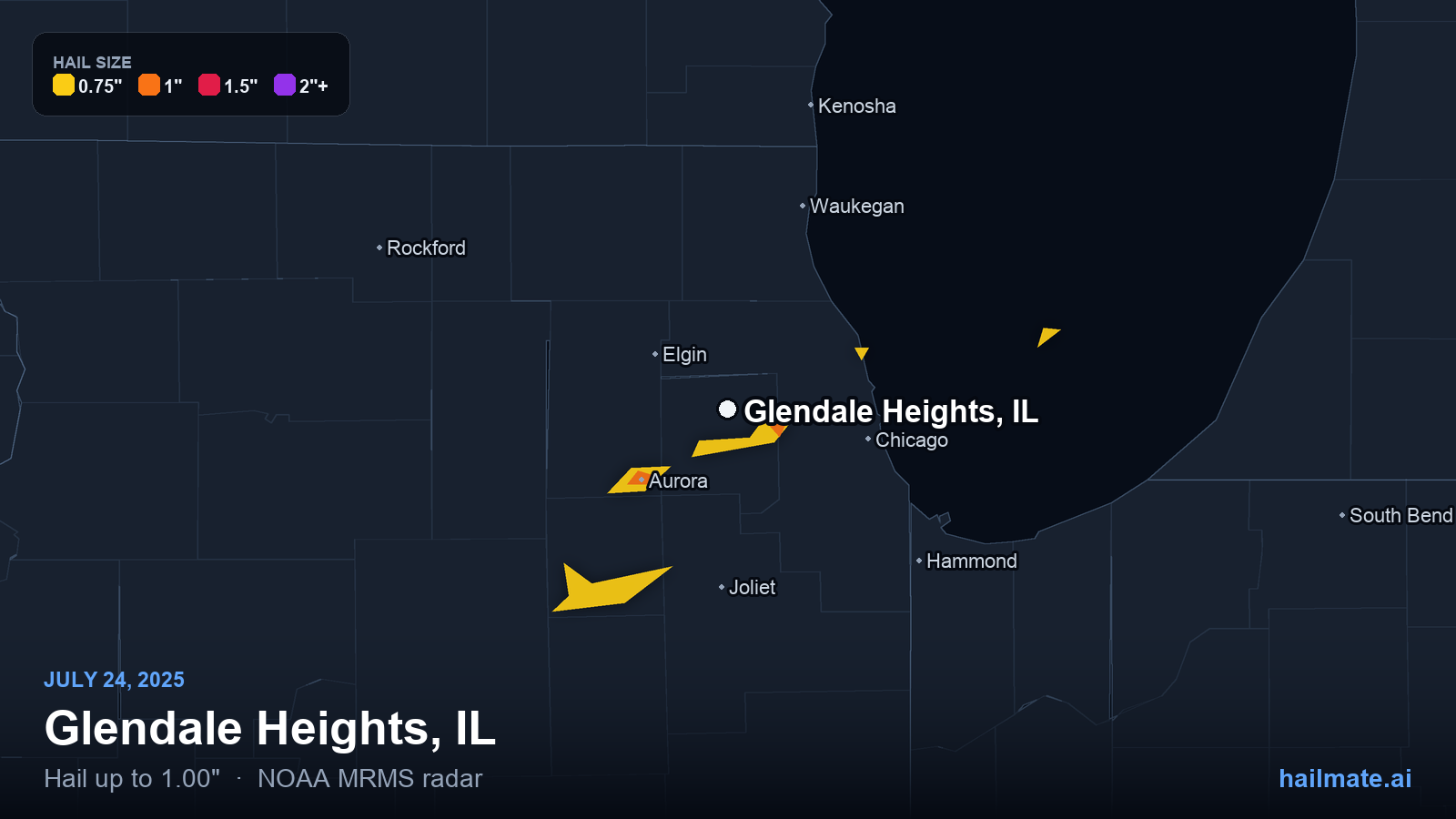 Hail swath map for Glendale Heights, IL on July 24, 2025 showing 1.00 inch hail.