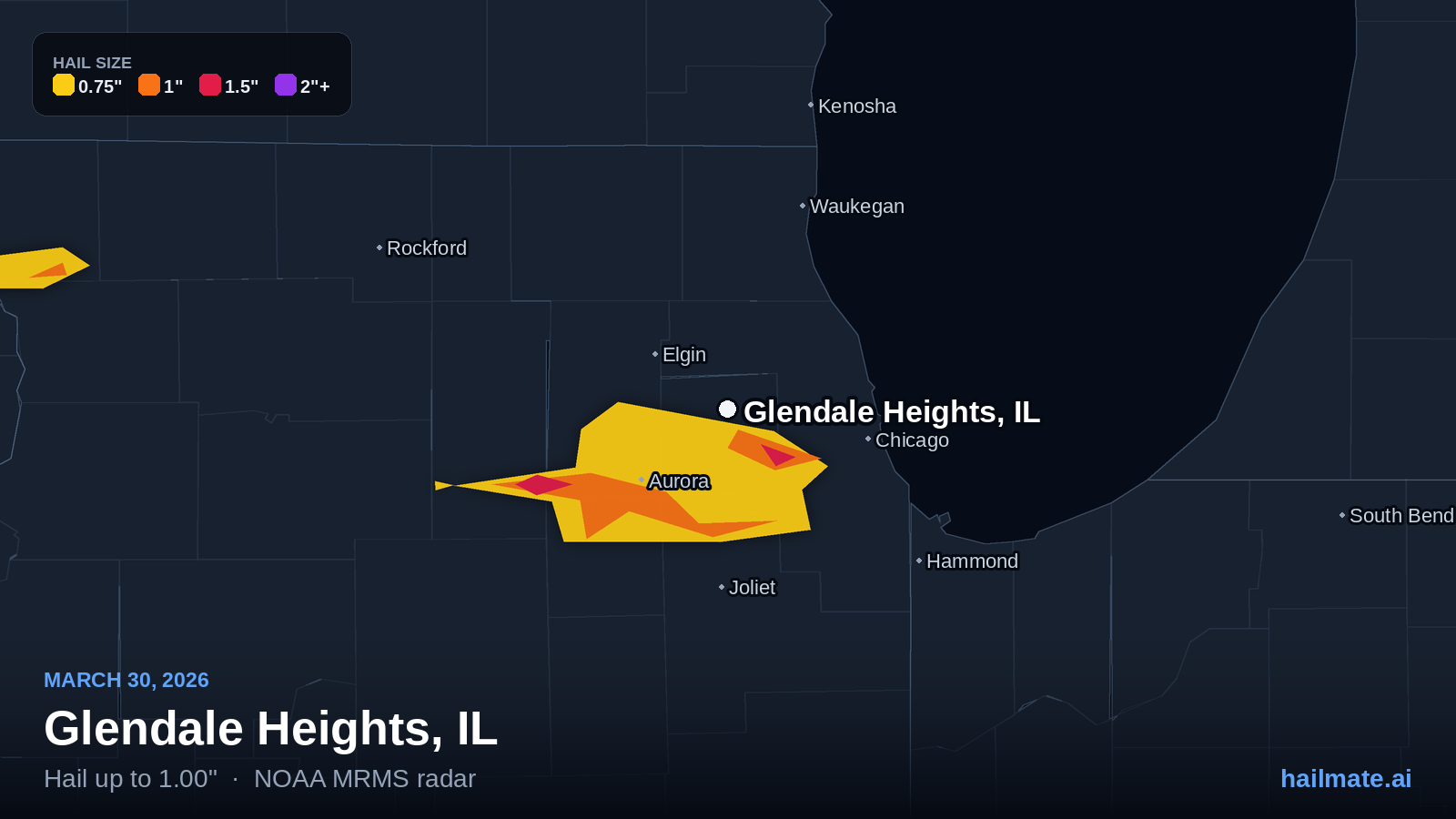 Hail swath map for Glendale Heights, IL on March 30, 2026 showing 1.00 inch hail.