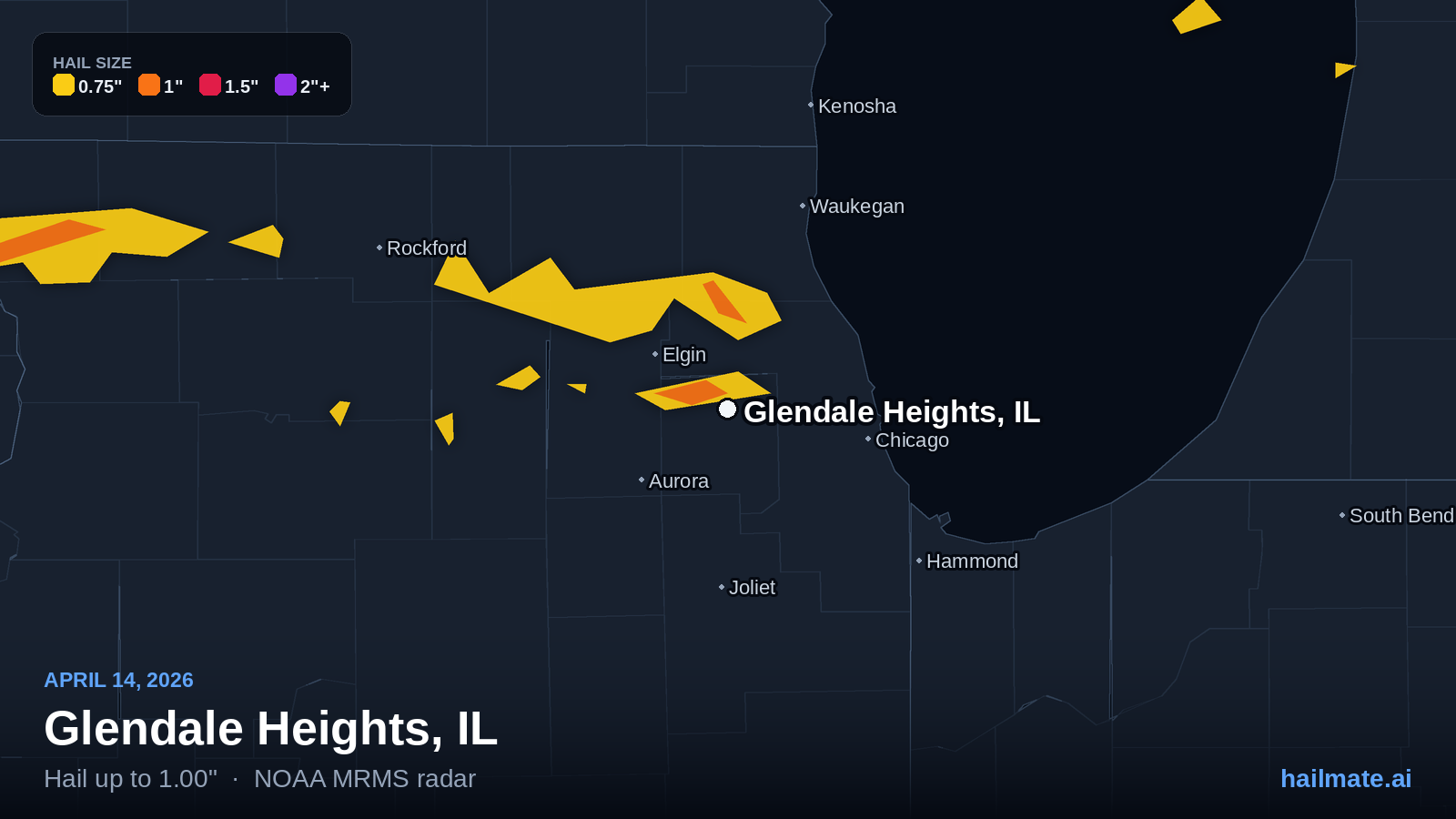 Hail swath map for Glendale Heights, IL on April 14, 2026 showing 1.00 inch hail.