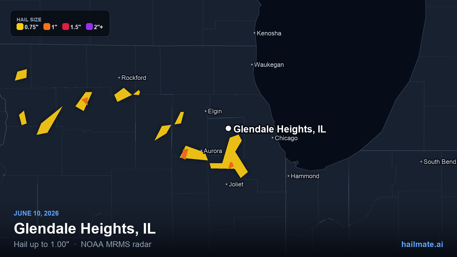 Hail swath map for Glendale Heights, IL on June 10, 2026 showing 1.00 inch hail.