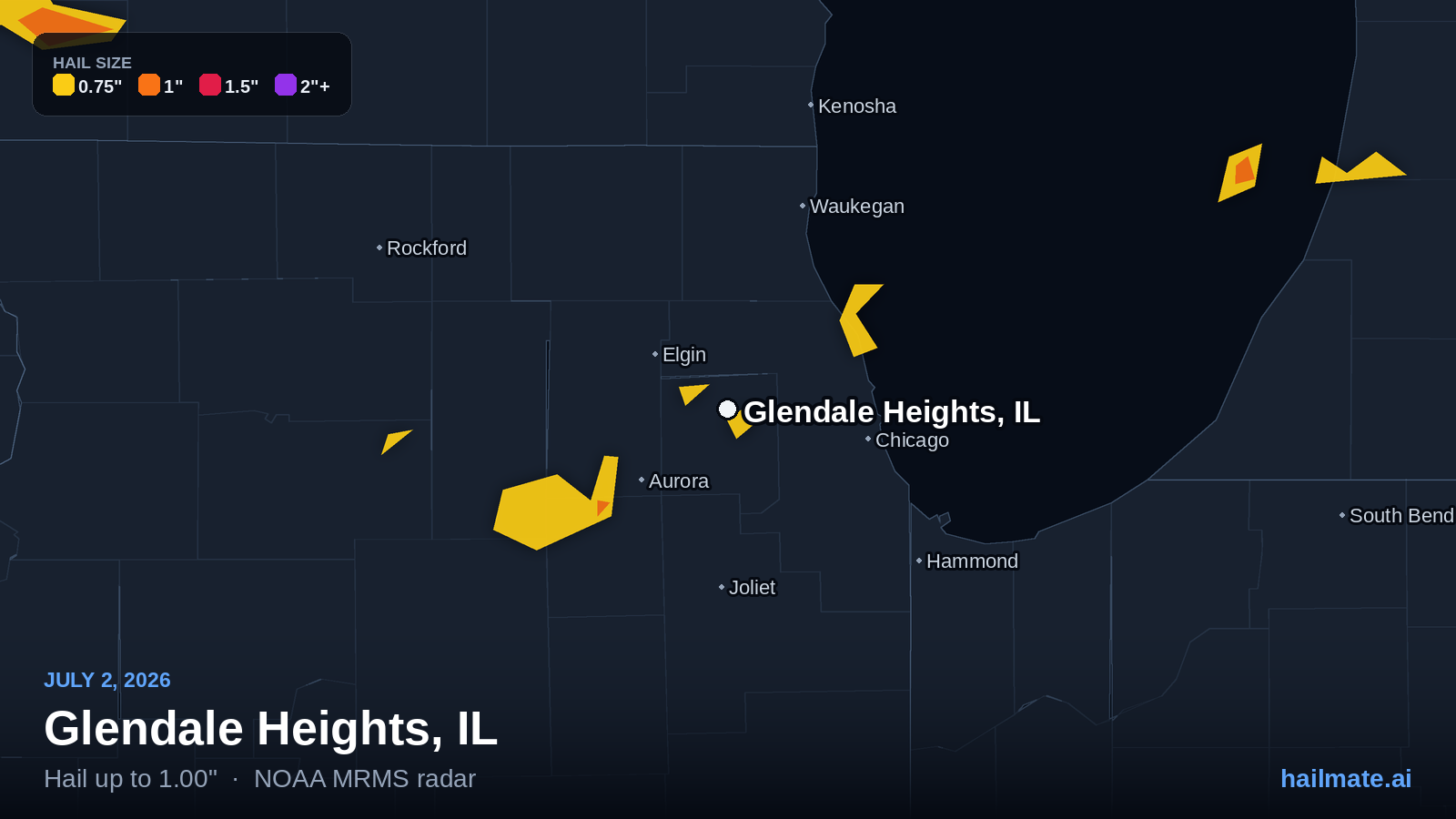 Hail swath map for Glendale Heights, IL on July 2, 2026 showing 1.00 inch hail.