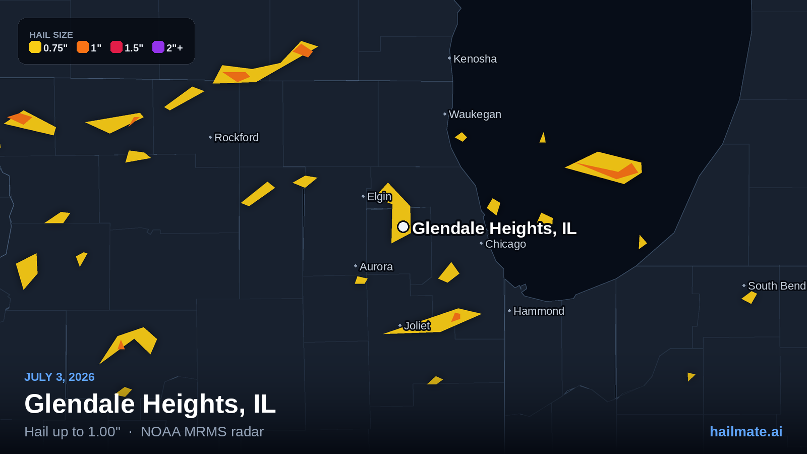 Hail swath map for Glendale Heights, IL on July 3, 2026 showing 1.00 inch hail.