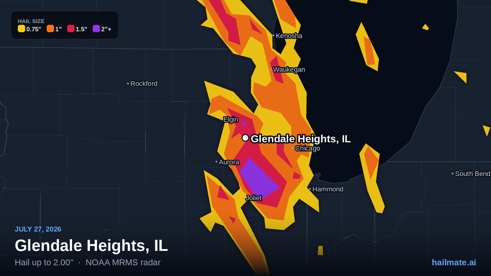 Hail swath map for Glendale Heights, IL on July 27, 2026 showing 2.00 inch hail.