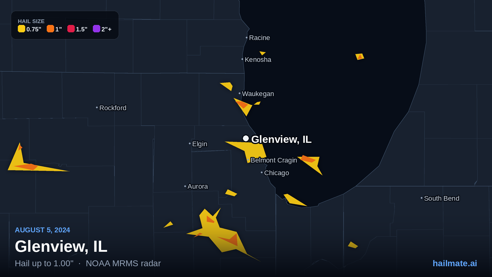 Hail swath map for Glenview, IL on August 5, 2024 showing 1.00 inch hail.