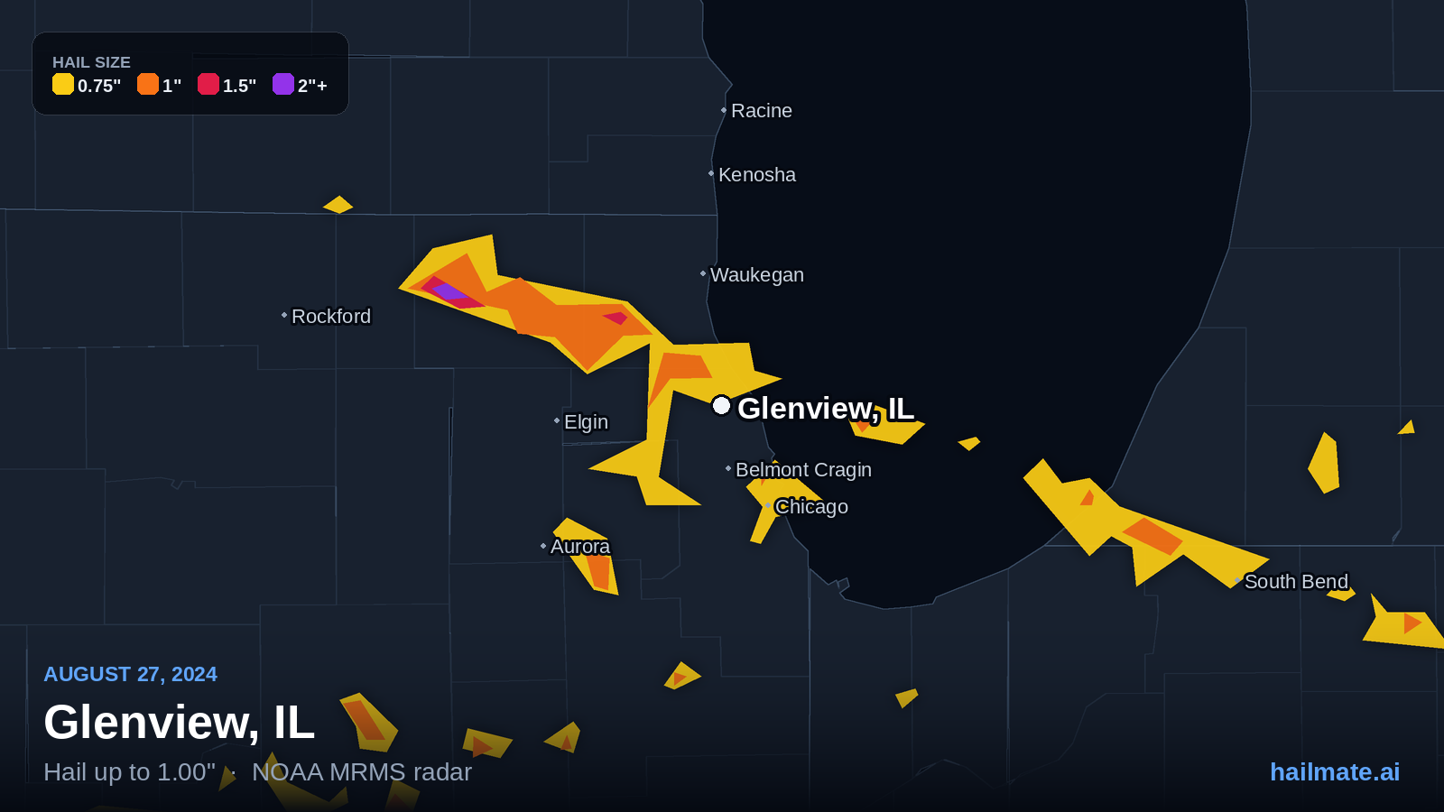 Hail swath map for Glenview, IL on August 27, 2024 showing 1.00 inch hail.