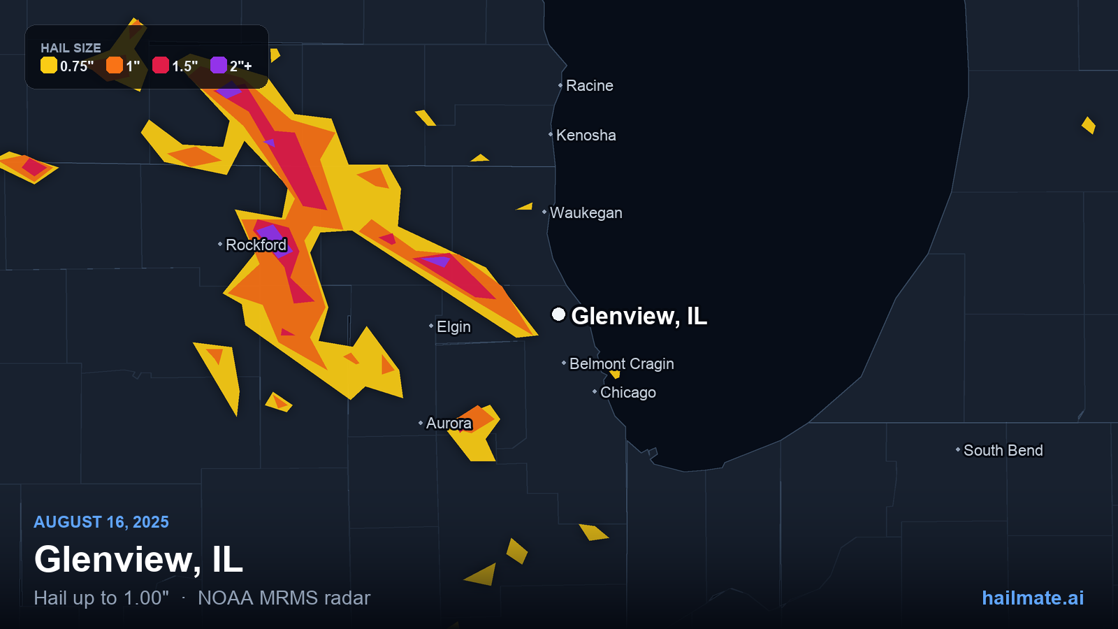 Hail swath map for Glenview, IL on August 16, 2025 showing 1.00 inch hail.