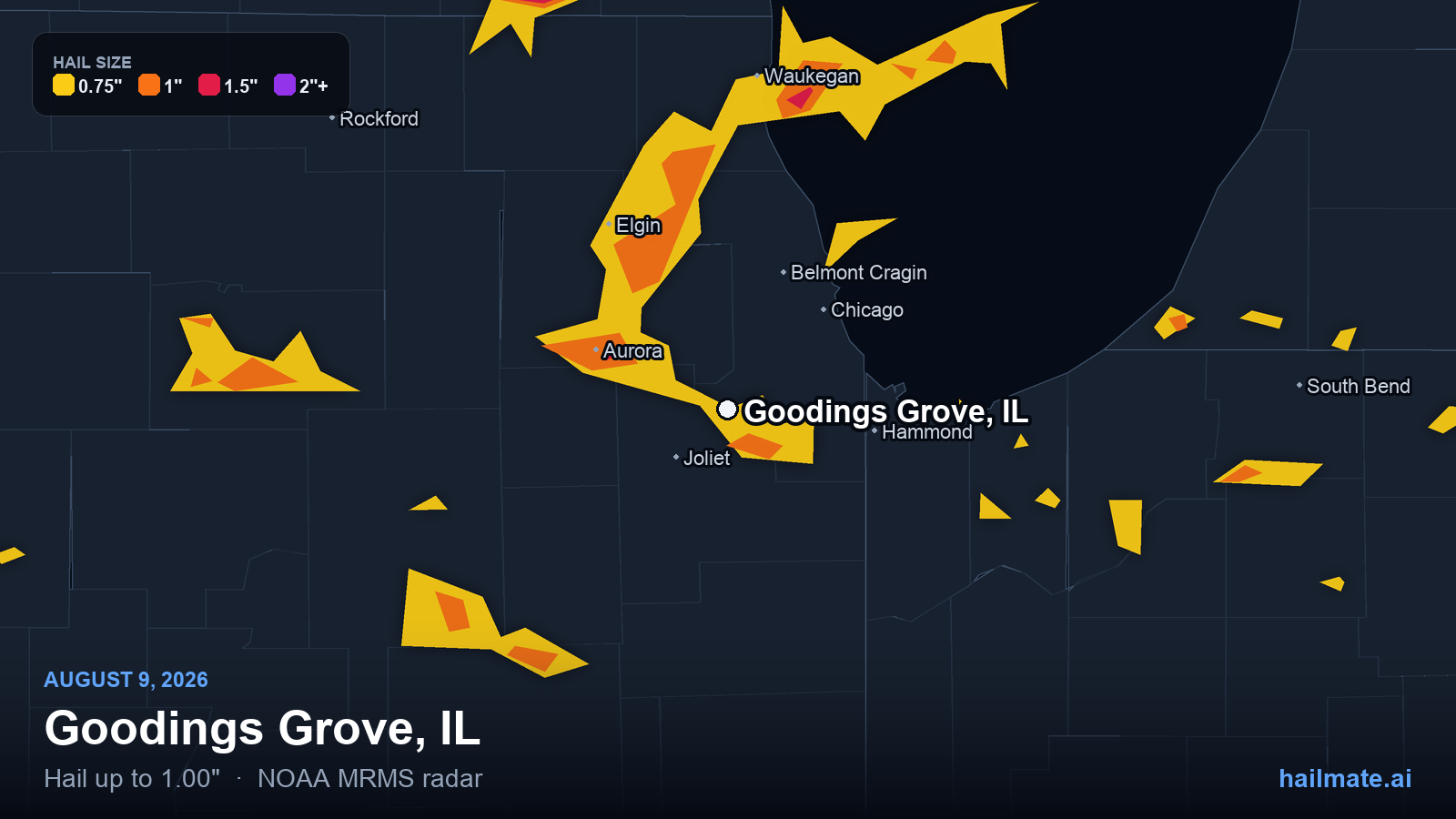 Hail swath map for Goodings Grove, IL on August 9, 2026 showing 1.00 inch hail.