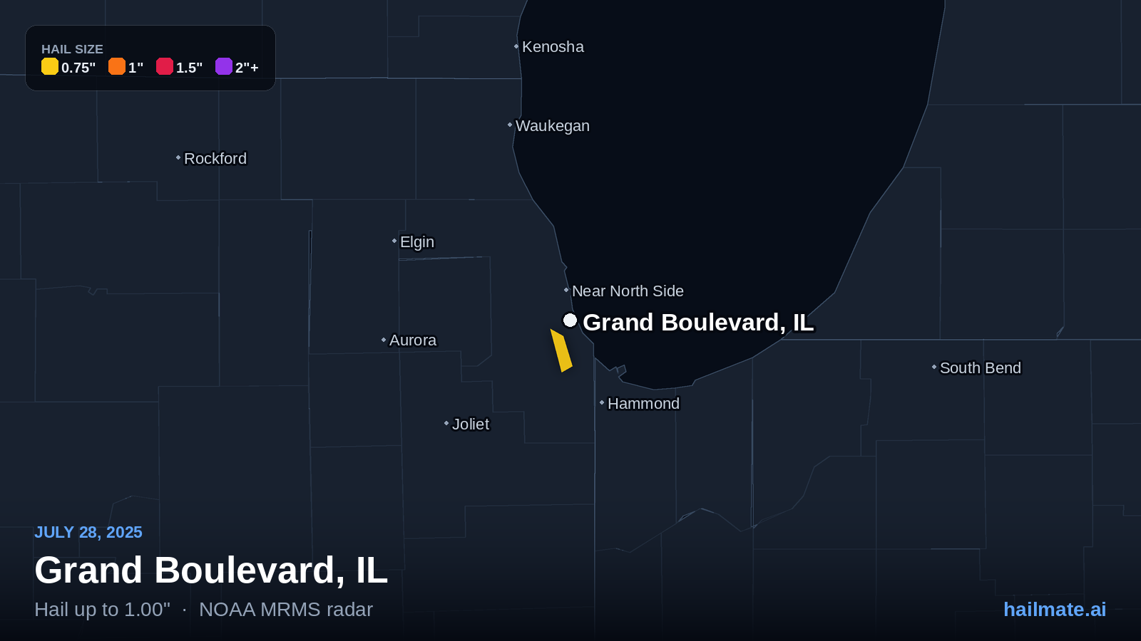 Hail swath map for Grand Boulevard, IL on July 28, 2025 showing 1.00 inch hail.