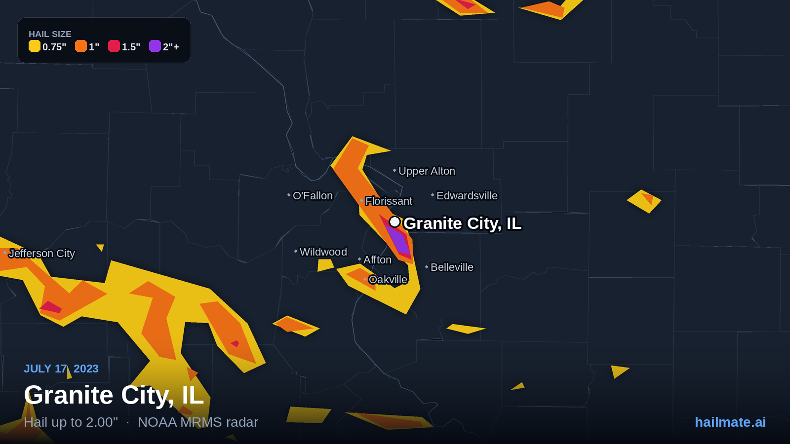 Hail swath map for Granite City, IL on July 17, 2023 showing 2.00 inch hail.