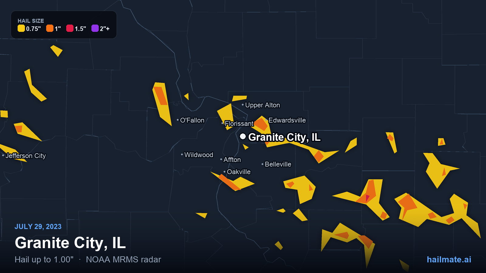 Hail swath map for Granite City, IL on July 29, 2023 showing 1.00 inch hail.