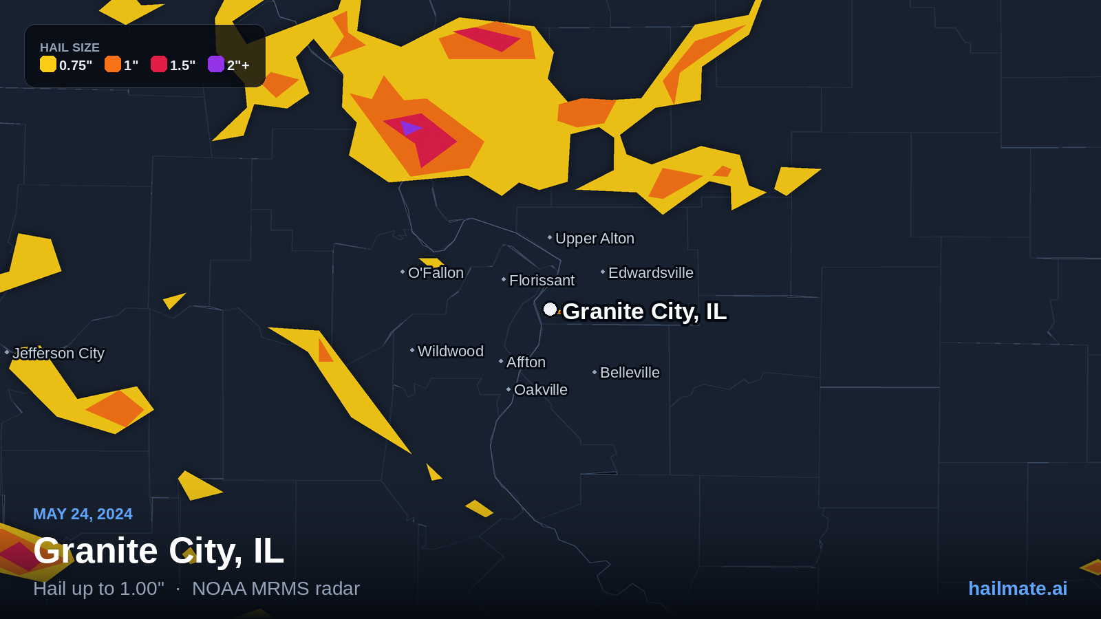 Hail swath map for Granite City, IL on May 24, 2024 showing 1.00 inch hail.
