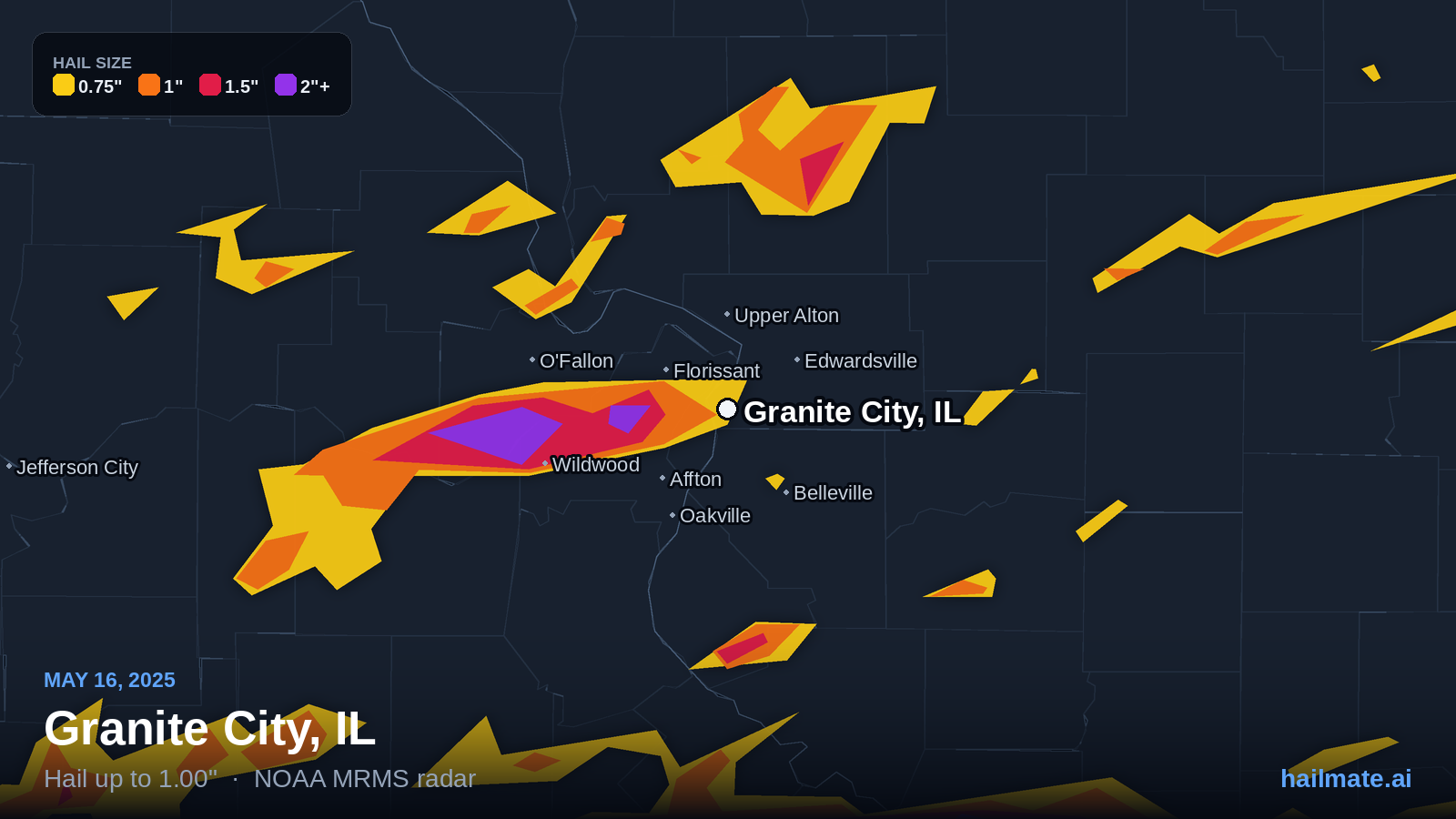 Hail swath map for Granite City, IL on May 16, 2025 showing 1.00 inch hail.
