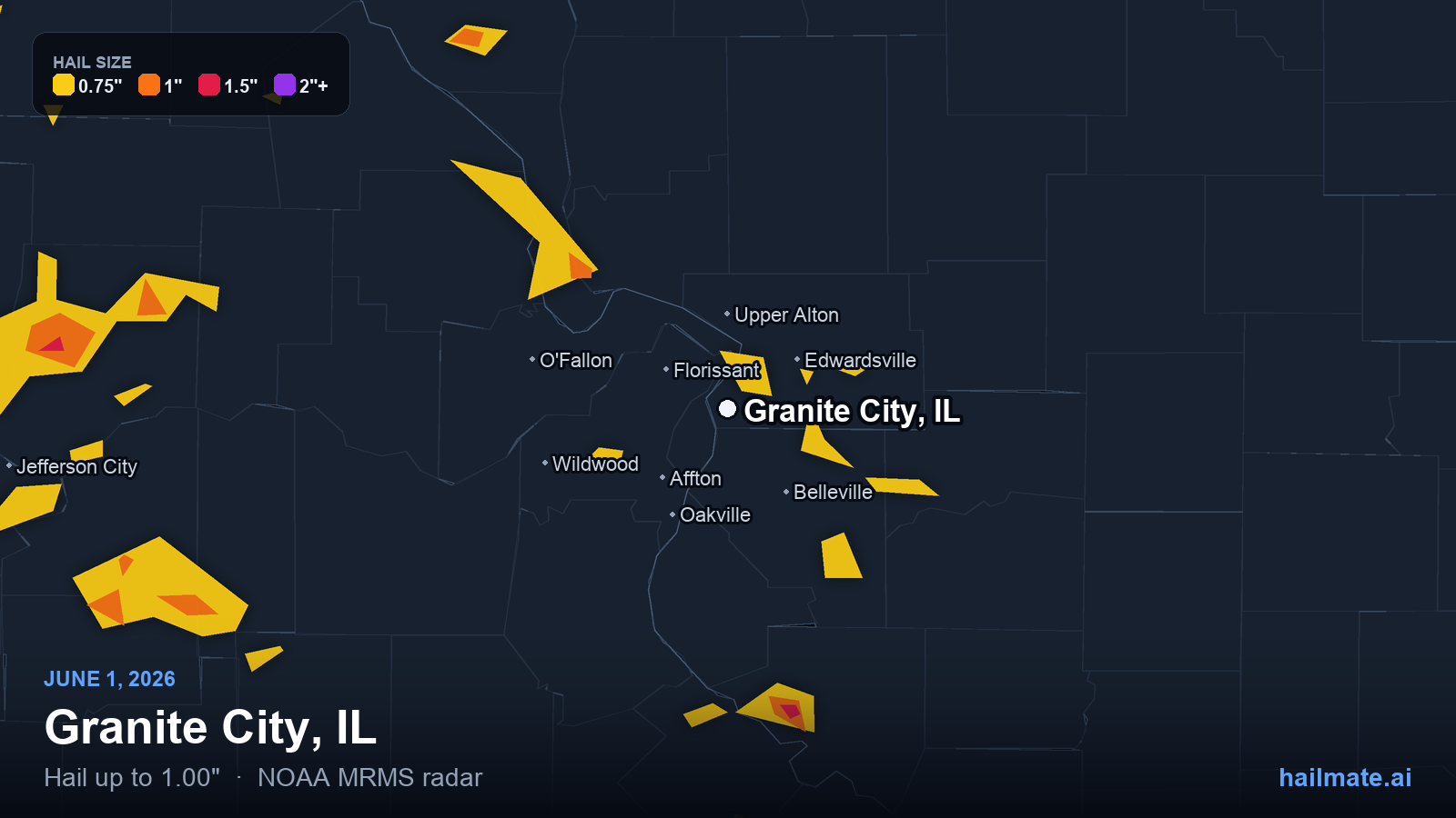 Hail swath map for Granite City, IL on June 1, 2026 showing 1.00 inch hail.