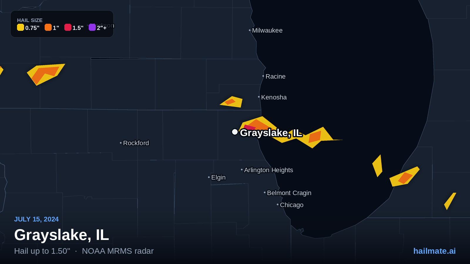 Hail swath map for Grayslake, IL on July 15, 2024 showing 1.50 inch hail.