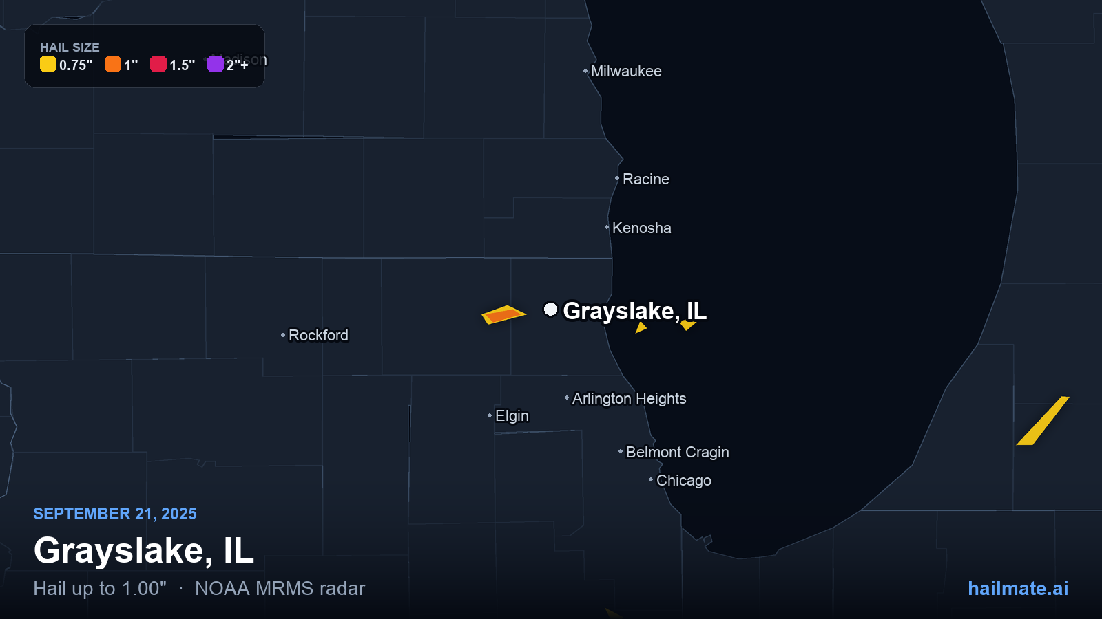 Hail swath map for Grayslake, IL on September 21, 2025 showing 1.00 inch hail.