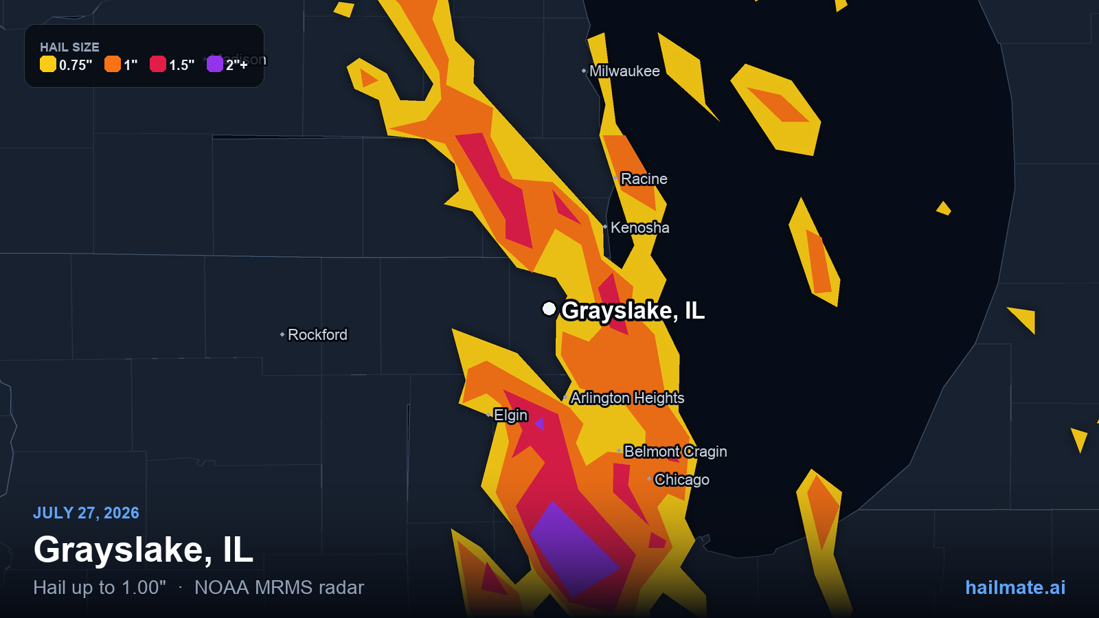 Hail swath map for Grayslake, IL on July 27, 2026 showing 1.00 inch hail.