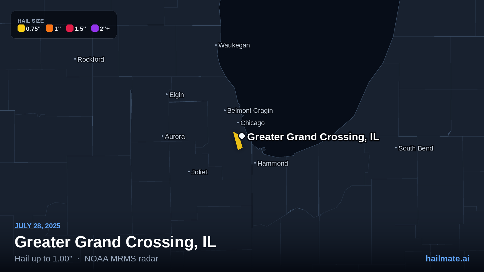Hail swath map for Greater Grand Crossing, IL on July 28, 2025 showing 1.00 inch hail.