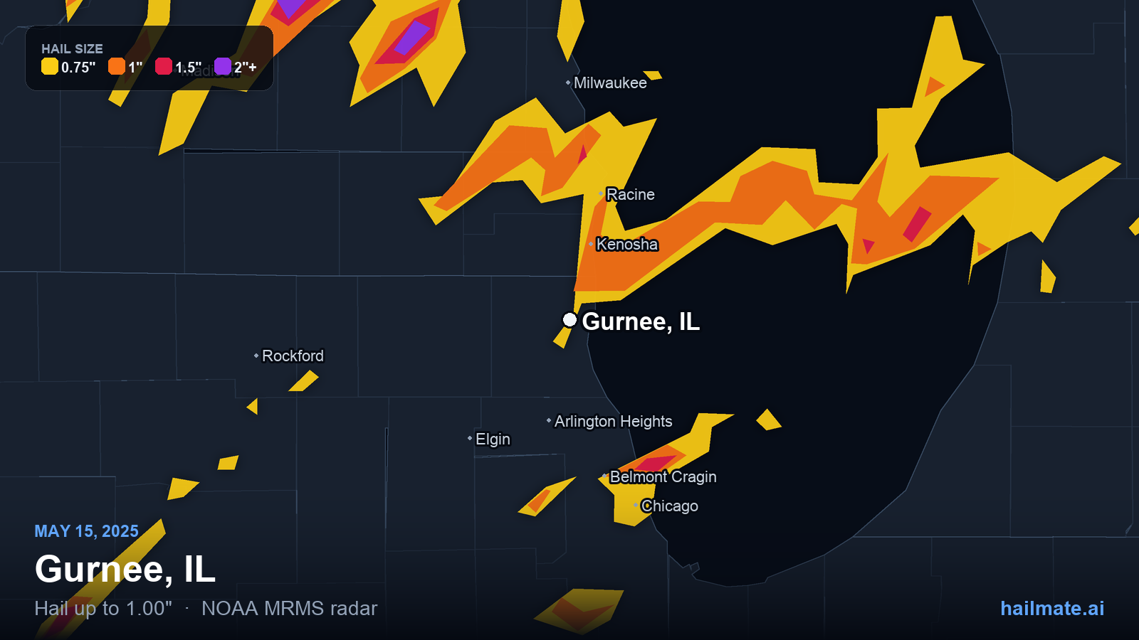 Hail swath map for Gurnee, IL on May 15, 2025 showing 1.00 inch hail.