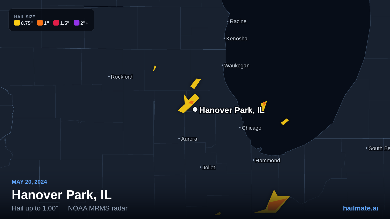 Hail swath map for Hanover Park, IL on May 20, 2024 showing 1.00 inch hail.