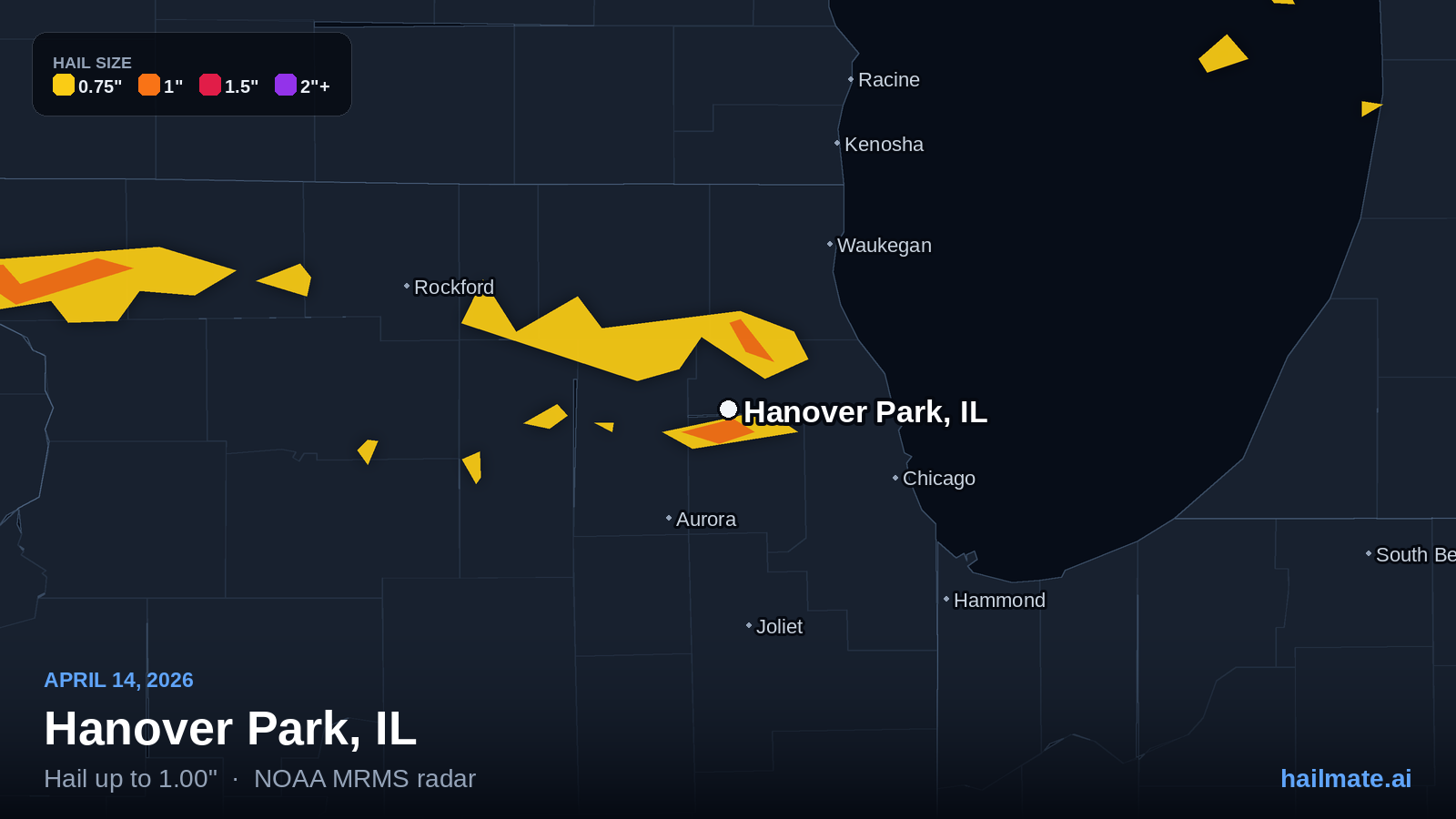 Hail swath map for Hanover Park, IL on April 14, 2026 showing 1.00 inch hail.