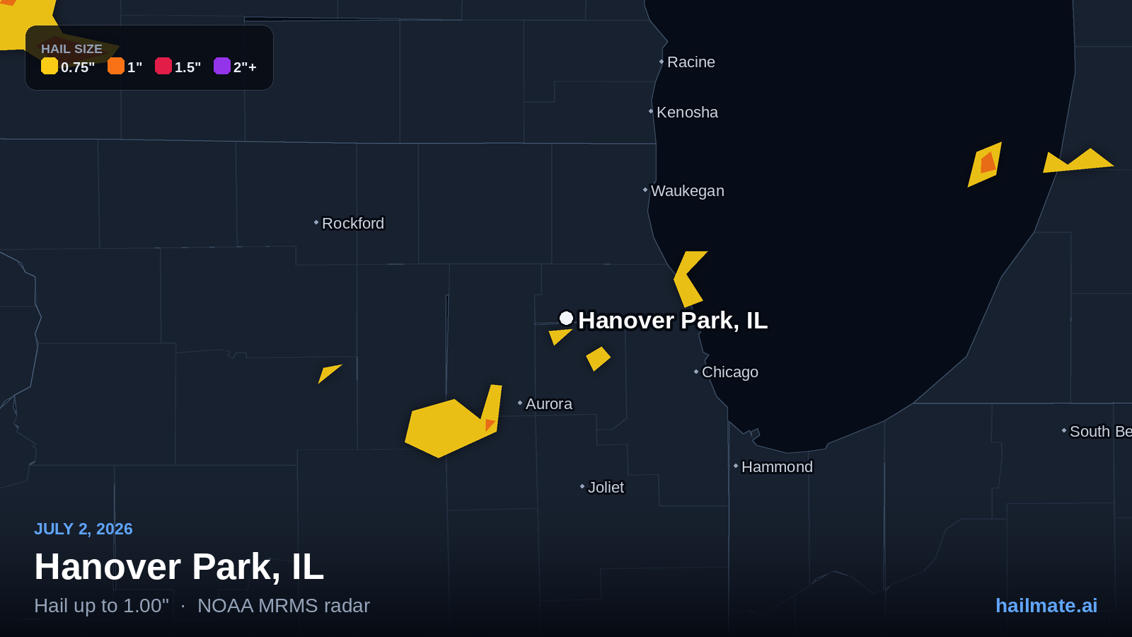 Hail swath map for Hanover Park, IL on July 2, 2026 showing 1.00 inch hail.