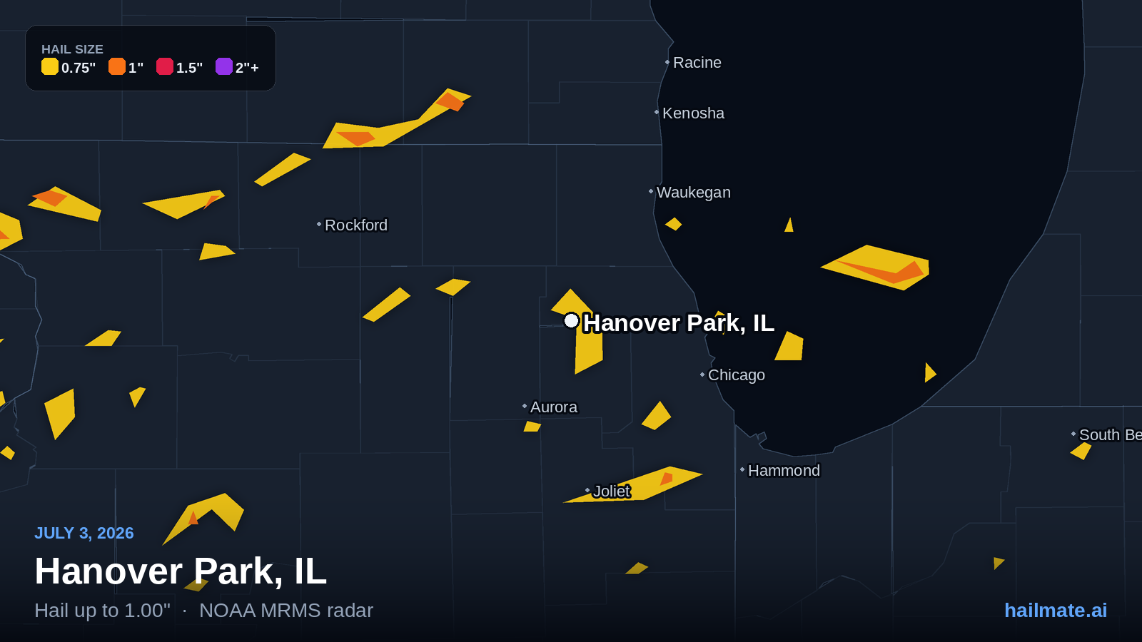 Hail swath map for Hanover Park, IL on July 3, 2026 showing 1.00 inch hail.
