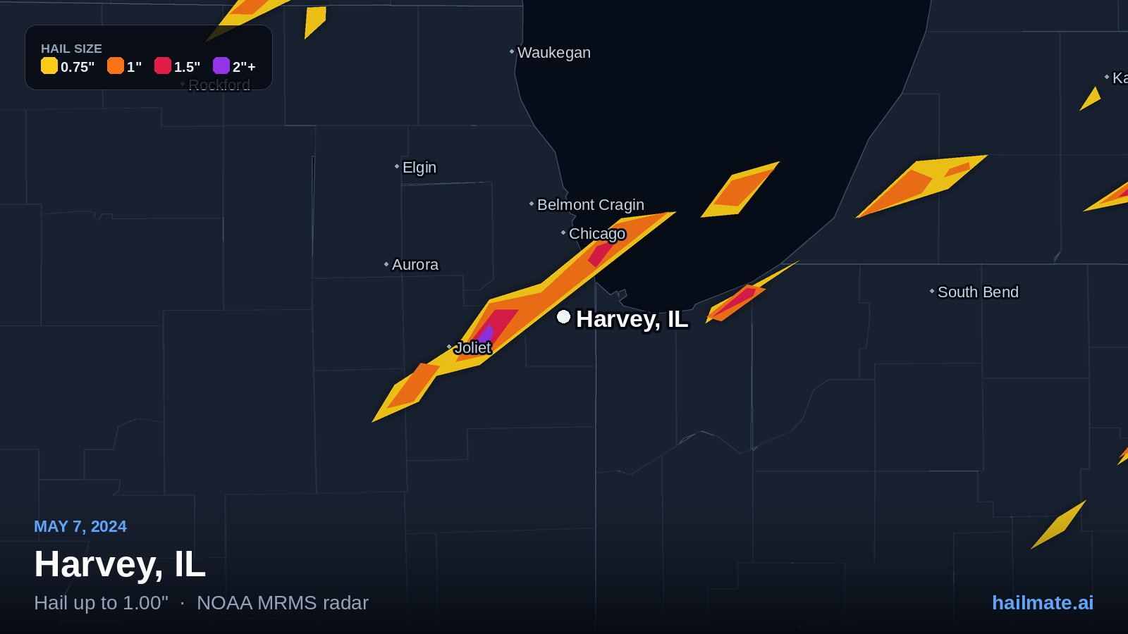 Hail swath map for Harvey, IL on May 7, 2024 showing 1.00 inch hail.
